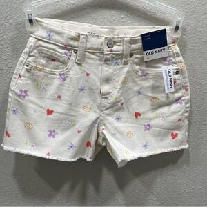 Old Navy White Shorts Flower-Smile Face Print High Rise Adjustable Waist Size 12